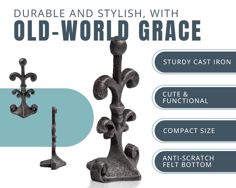 Comfify Fleur De Lis Cast Iron Door Stop â€“ One Decorative Wedge with Felt Bottom â€“ Antique Silver and Black â€“ 4" x 3.5" x 7.75" - Image 2